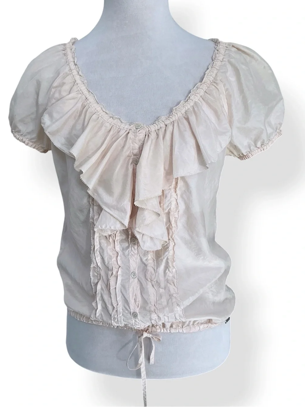 Abercrombie Fitch Silk Vintage Top Tucked Ruffle Puff Sleeves Pink Peach Medium